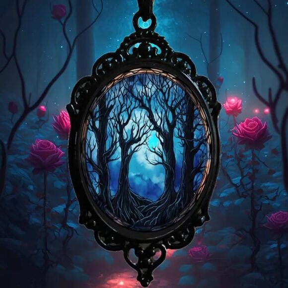 Blue Tree of Life Night Pendant Necklace Retro Fashn Jewelry Black Filigree Goth - Picture 1 of 5